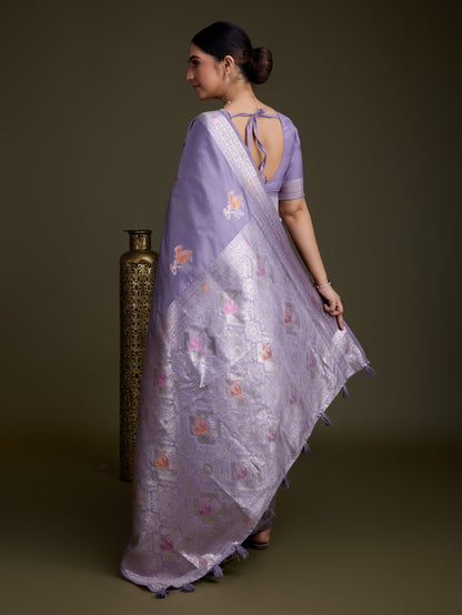 Lavender Soft Silk Saree with Silver & Meenakari Zari Weaving