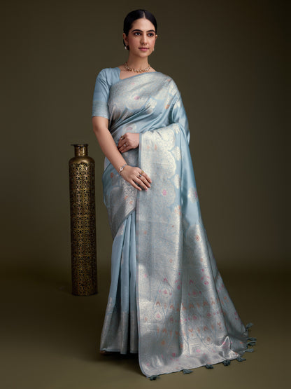 Ice blue Soft Silk Saree with Silver & Meenakari Zari Weaving