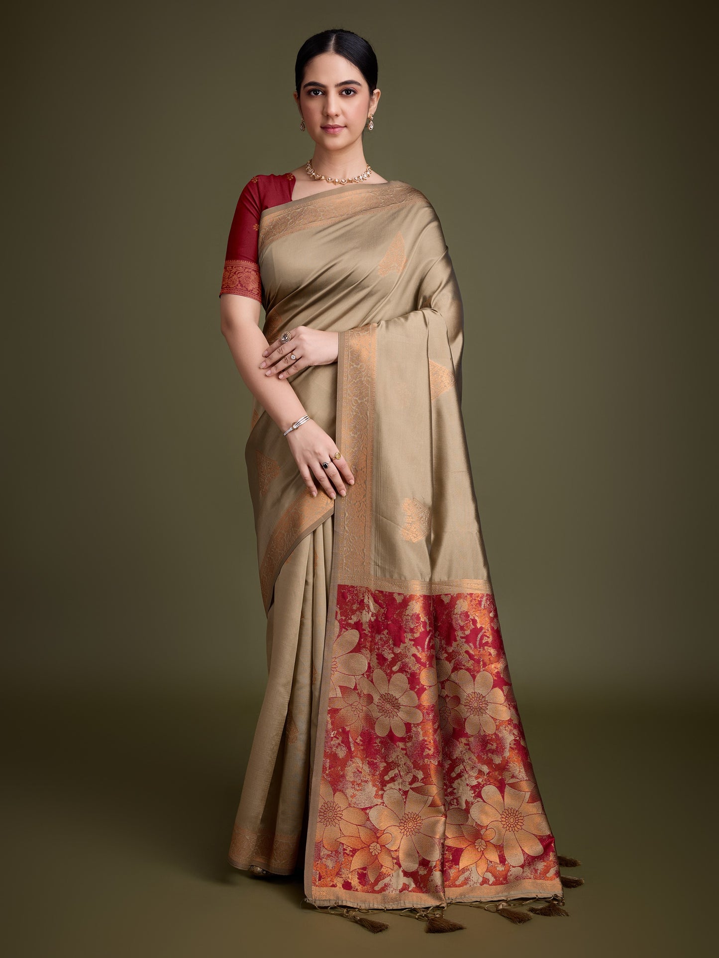 Golden Soft Banarasi Silk Saree with Fancy Digital Woven Pallu & Maroon Blouse