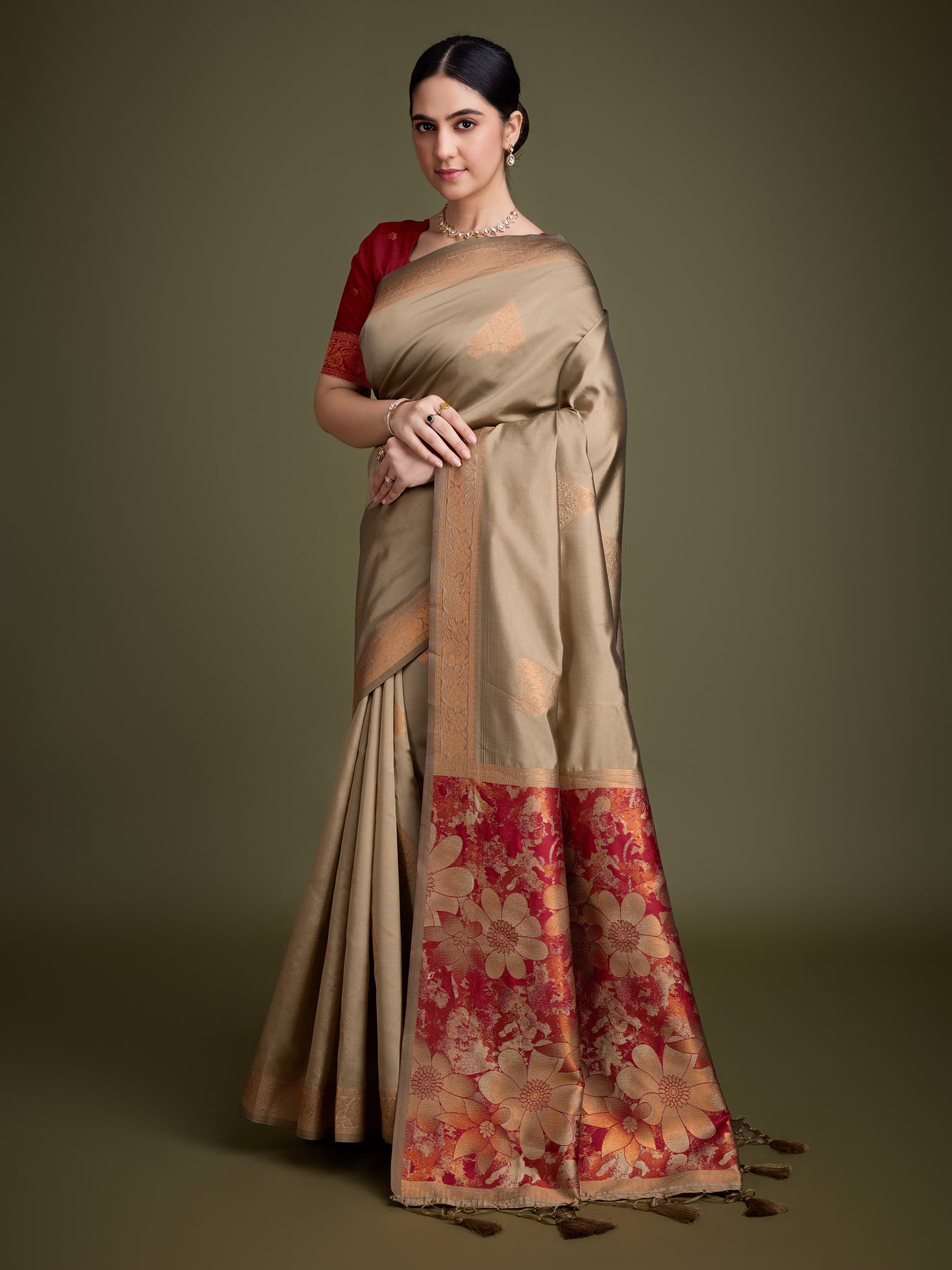 Golden Soft Banarasi Silk Saree with Fancy Digital Woven Pallu & Maroon Blouse