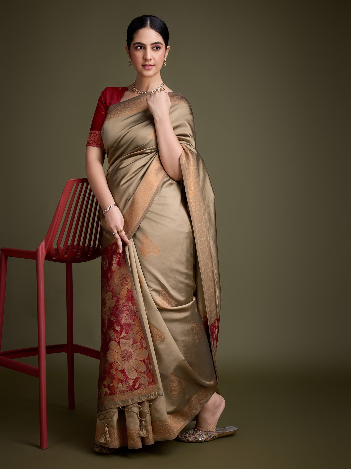 Golden Soft Banarasi Silk Saree with Fancy Digital Woven Pallu & Maroon Blouse