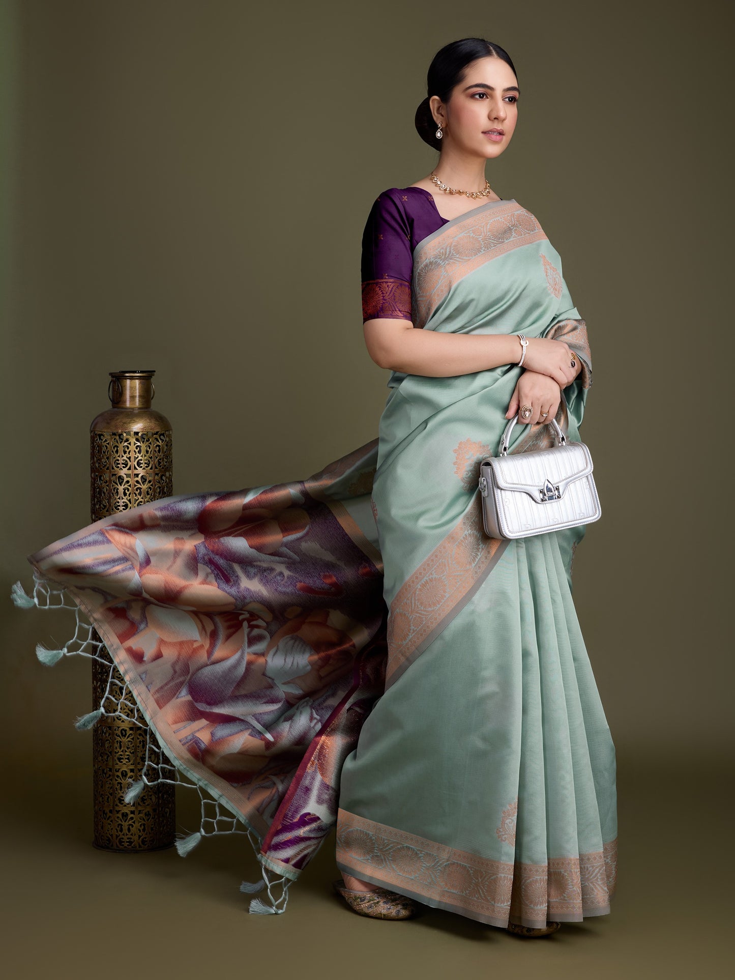 Silky Green Soft Banarasi Silk Saree with Fancy Digital Woven Pallu