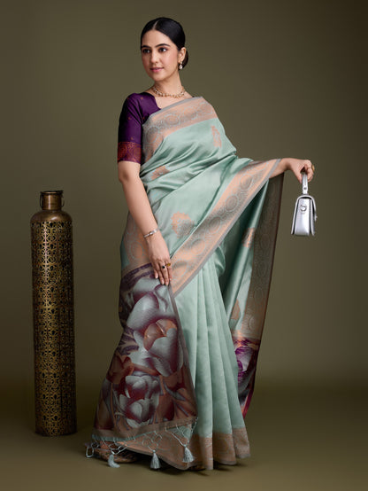 Silky Green Soft Banarasi Silk Saree with Fancy Digital Woven Pallu