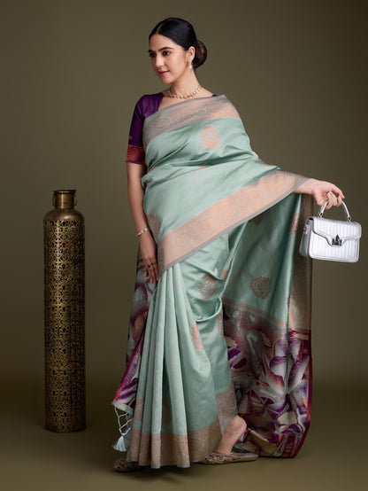 Silky Green Soft Banarasi Silk Saree with Fancy Digital Woven Pallu