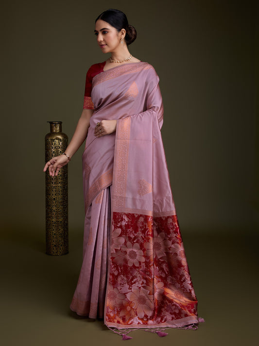 Light Purple Soft Banarasi Silk Saree with Fancy Digital Woven Pallu & Maroon Blouse