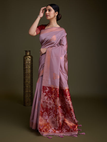 Light Purple Soft Banarasi Silk Saree with Fancy Digital Woven Pallu & Maroon Blouse