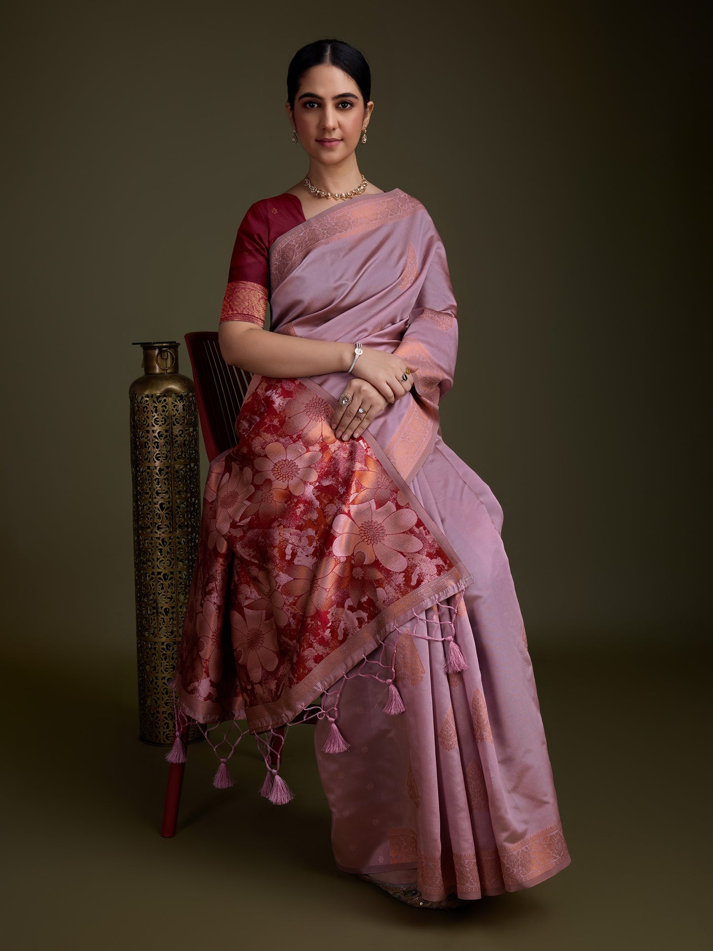 Light Purple Soft Banarasi Silk Saree with Fancy Digital Woven Pallu & Maroon Blouse