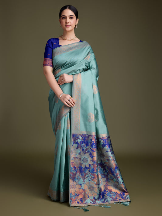 Shiny Dark Green Soft Banarasi Silk Saree with Fancy Digital Woven Pallu & Navy Blue Blouse