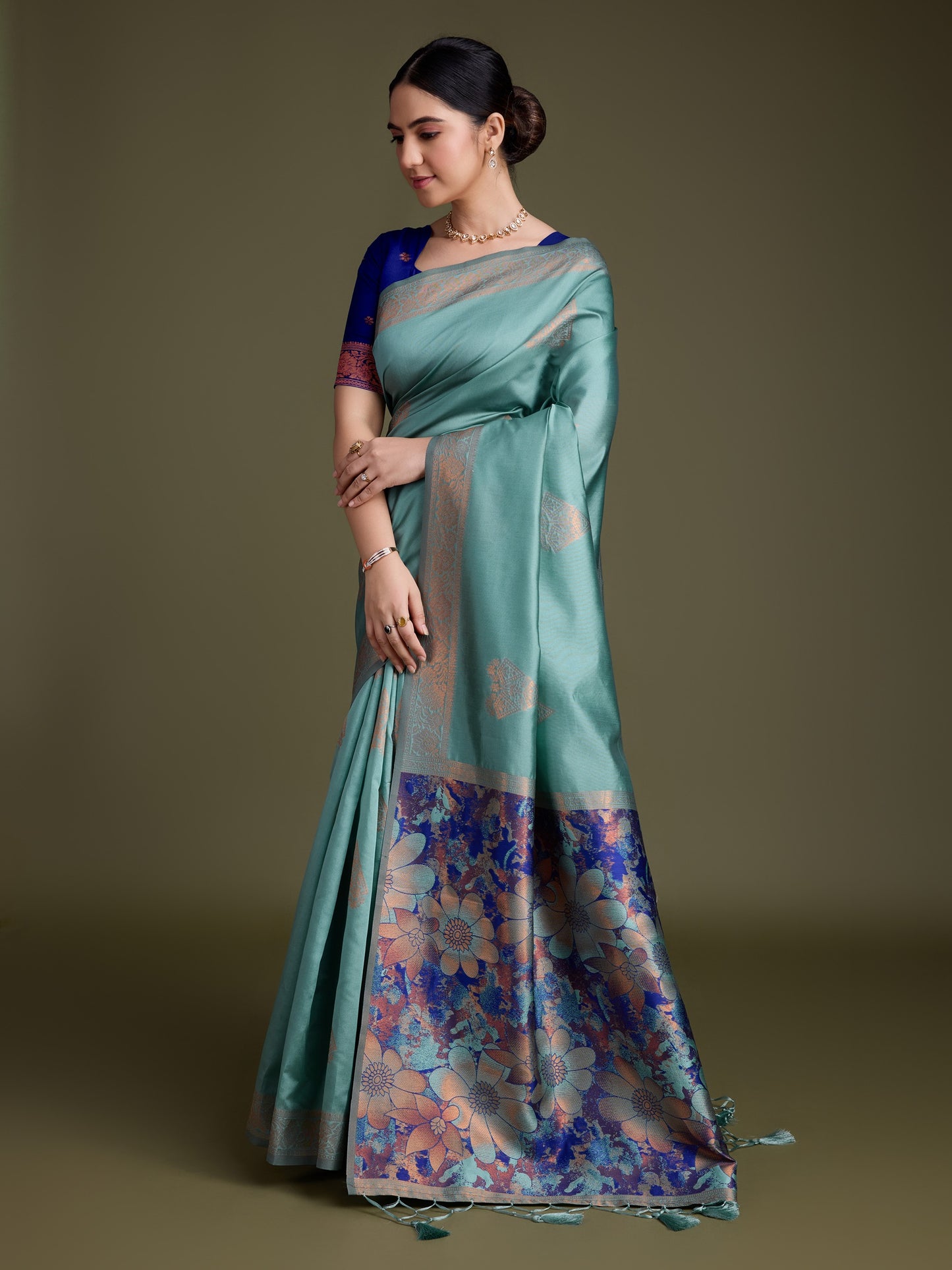 Shiny Dark Green Soft Banarasi Silk Saree with Fancy Digital Woven Pallu & Navy Blue Blouse