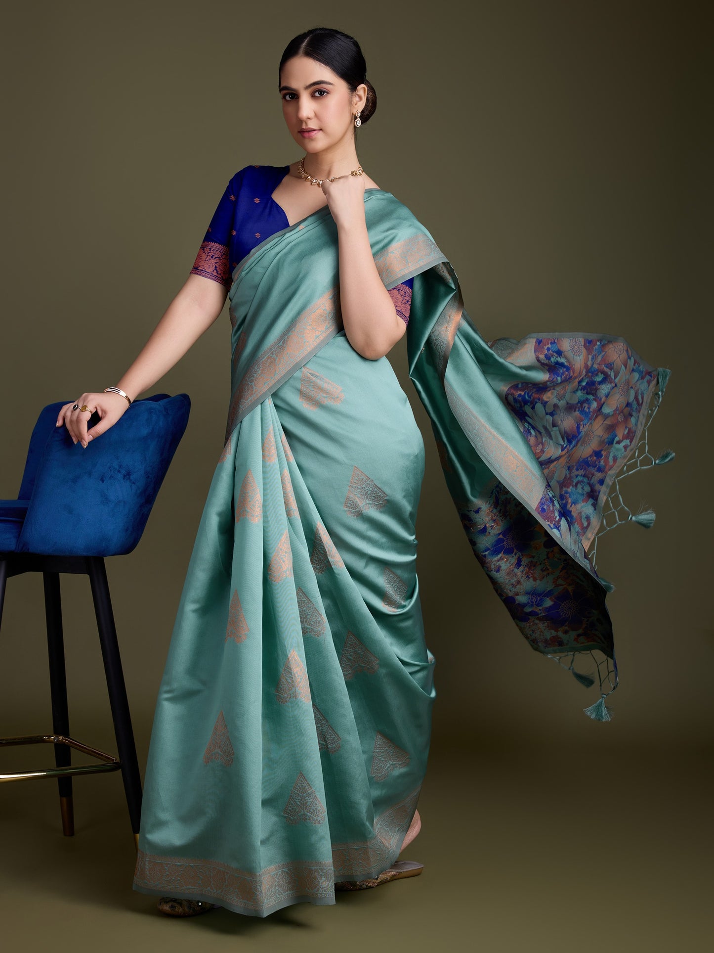 Shiny Dark Green Soft Banarasi Silk Saree with Fancy Digital Woven Pallu & Navy Blue Blouse