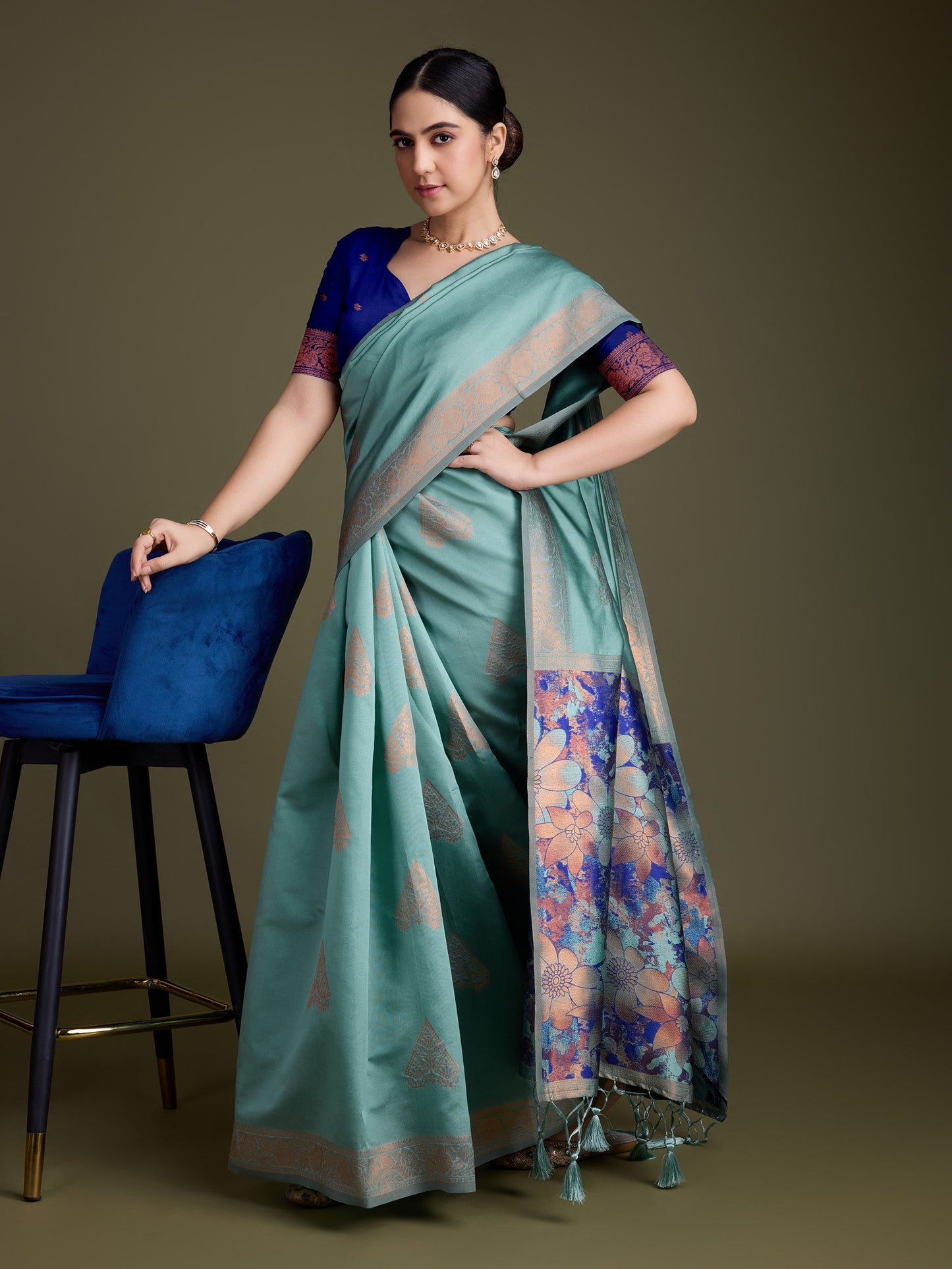 Shiny Dark Green Soft Banarasi Silk Saree with Fancy Digital Woven Pallu & Navy Blue Blouse