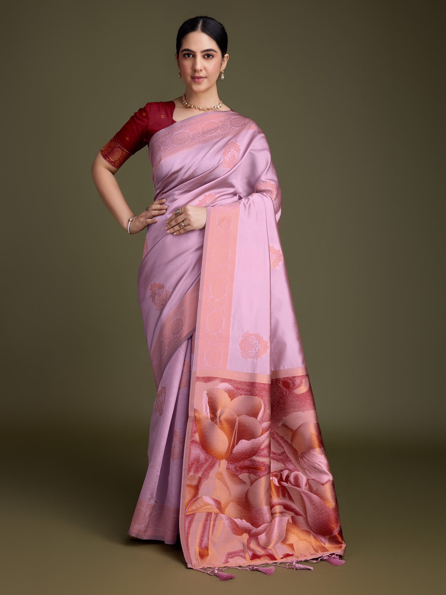 Shiny Pink Soft Banarasi Silk Saree with Fancy Digital Woven Pallu & Maroon Blouse