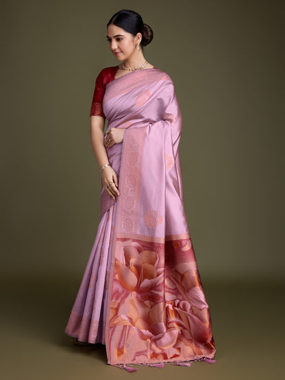 Shiny Pink Soft Banarasi Silk Saree with Fancy Digital Woven Pallu & Maroon Blouse