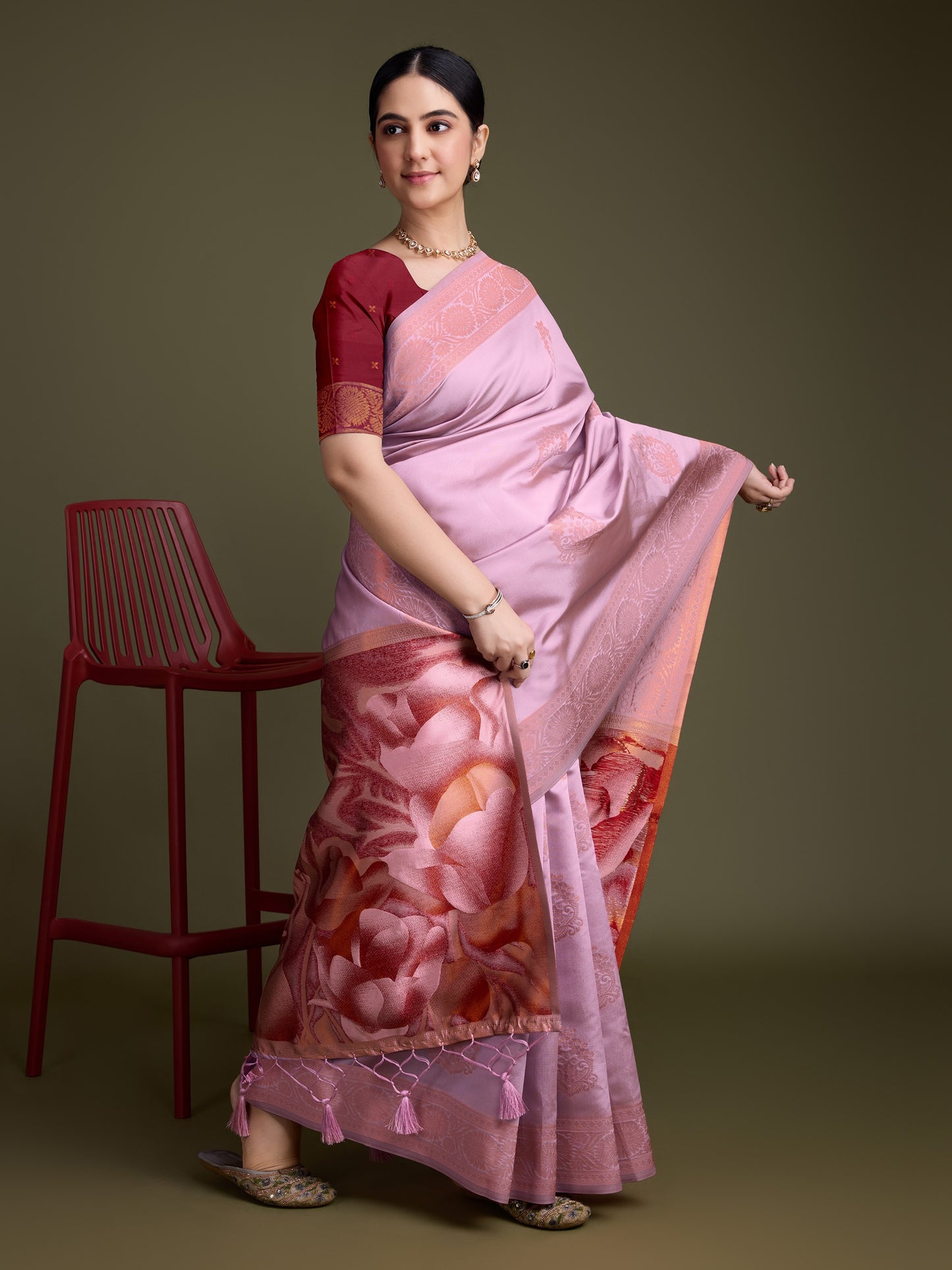 Shiny Pink Soft Banarasi Silk Saree with Fancy Digital Woven Pallu & Maroon Blouse