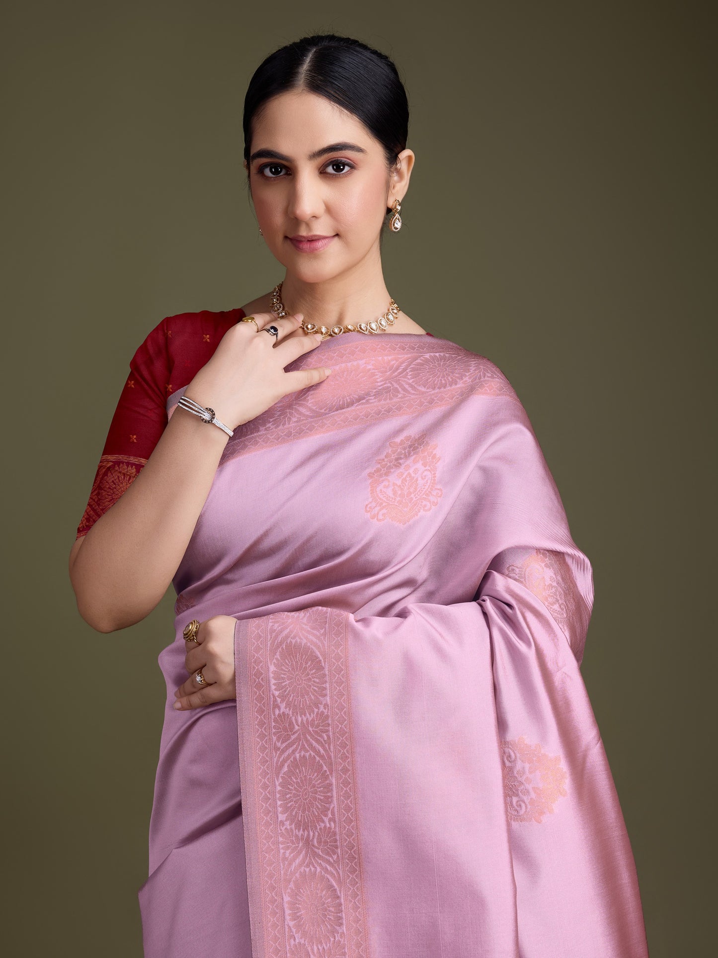 Shiny Pink Soft Banarasi Silk Saree with Fancy Digital Woven Pallu & Maroon Blouse