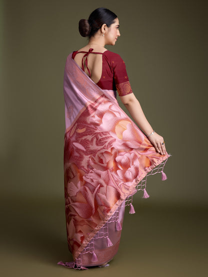 Shiny Pink Soft Banarasi Silk Saree with Fancy Digital Woven Pallu & Maroon Blouse