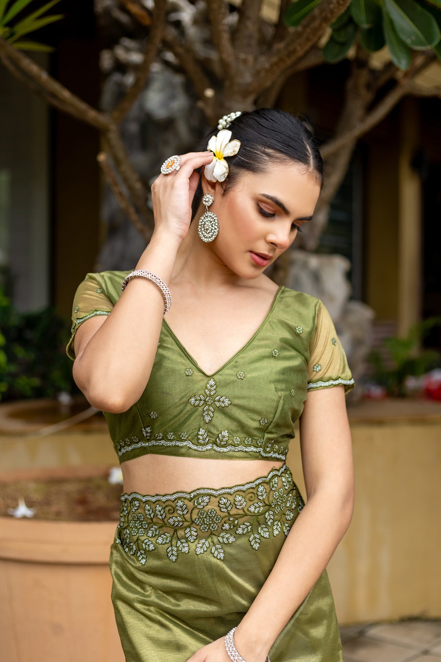 Mehendi Green Gold-Infused Twill Saree with Grand Patta Floral Embroidery