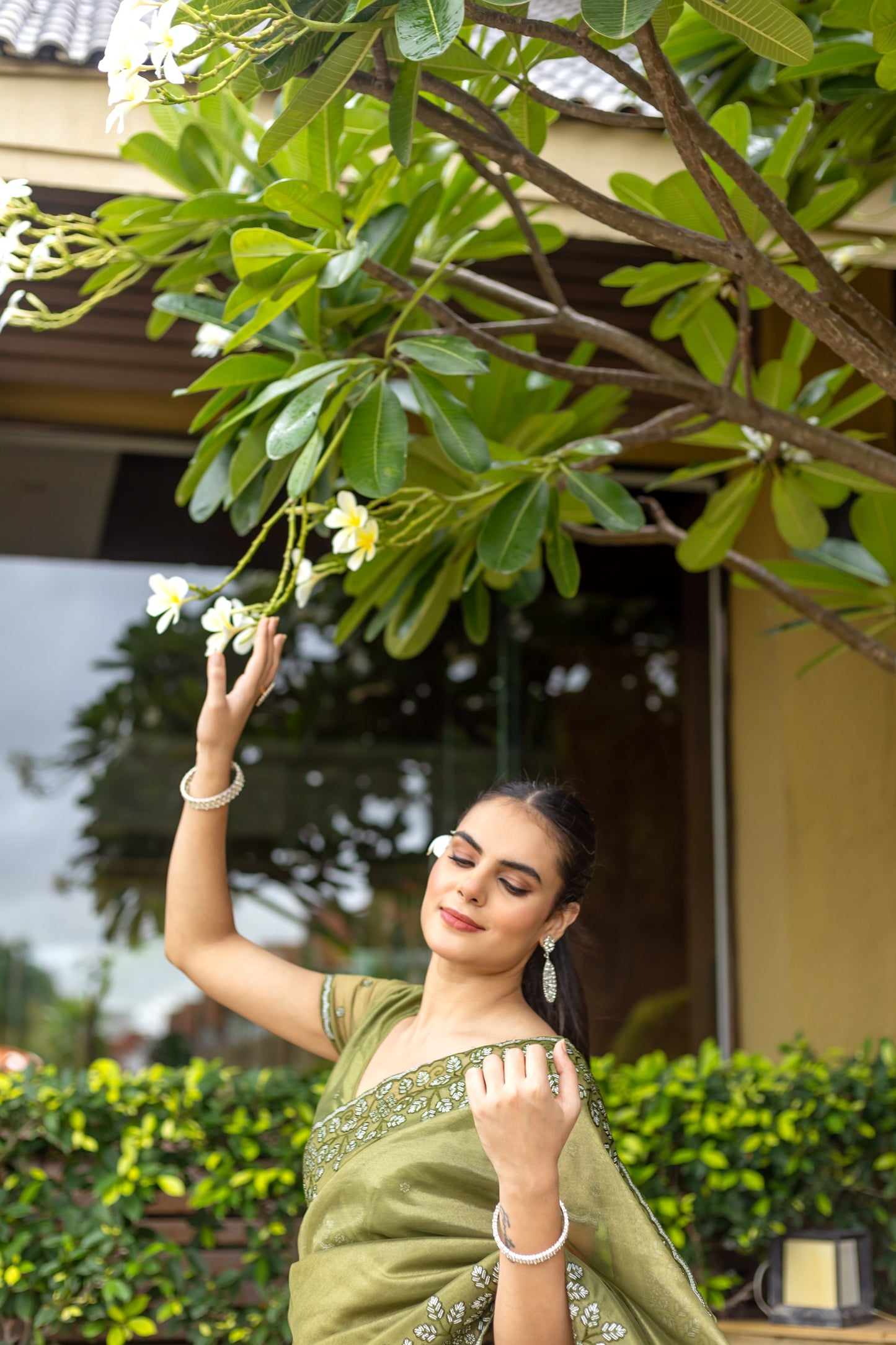 Mehendi Green Gold-Infused Twill Saree with Grand Patta Floral Embroidery