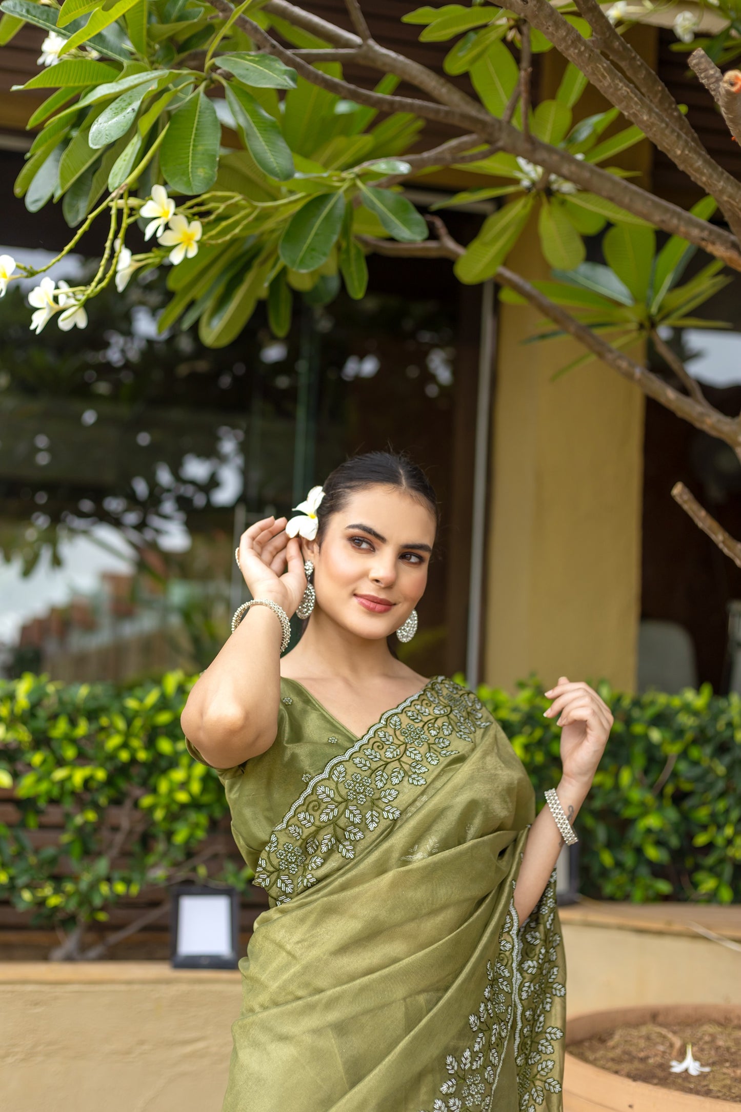 Mehendi Green Gold-Infused Twill Saree with Grand Patta Floral Embroidery