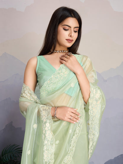 Elegant Pastel Green Gold-Infused Trending Twill Saree