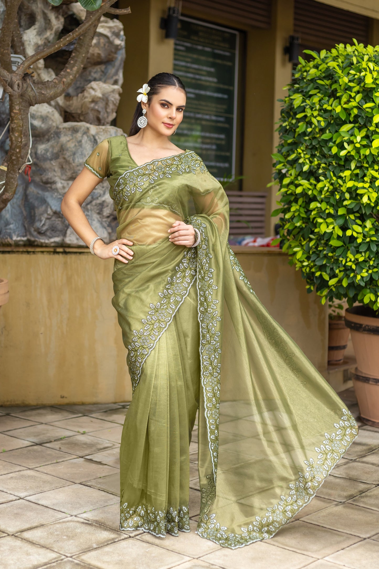 Mehendi Green Gold-Infused Twill Saree with Grand Patta Floral Embroidery