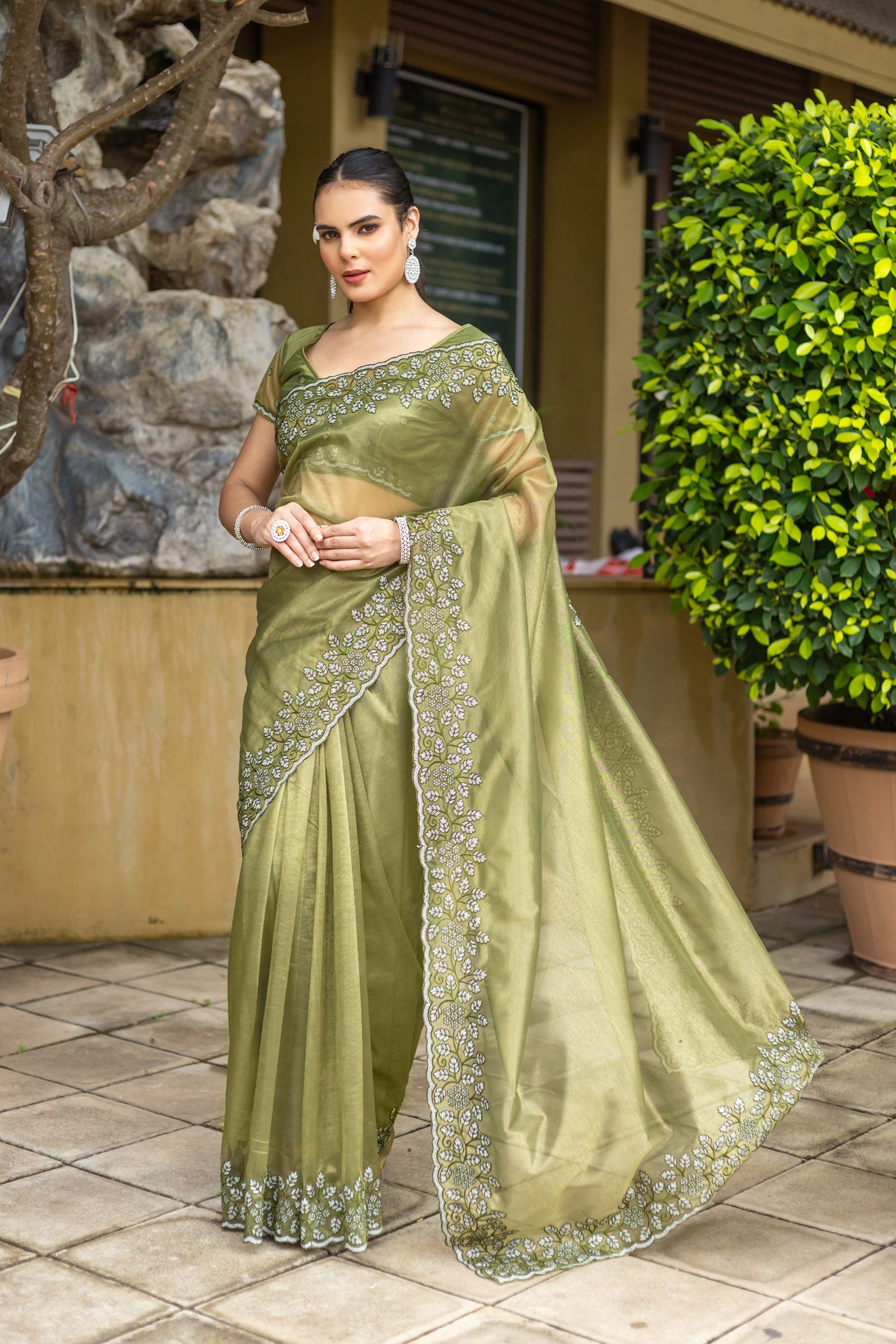 Mehendi Green Gold-Infused Twill Saree with Grand Patta Floral Embroidery