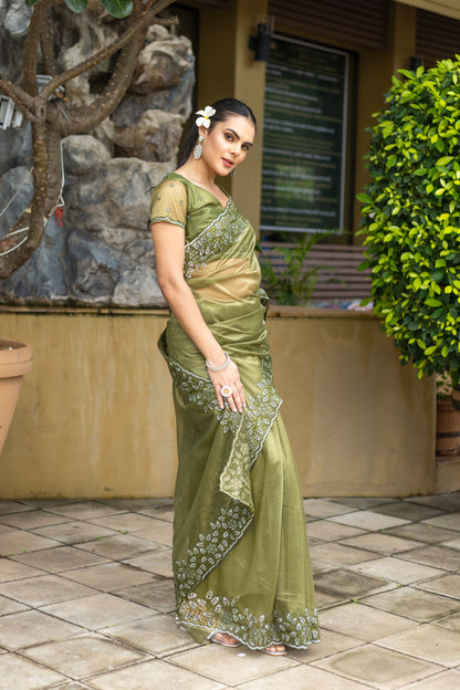 Mehendi Green Gold-Infused Twill Saree with Grand Patta Floral Embroidery