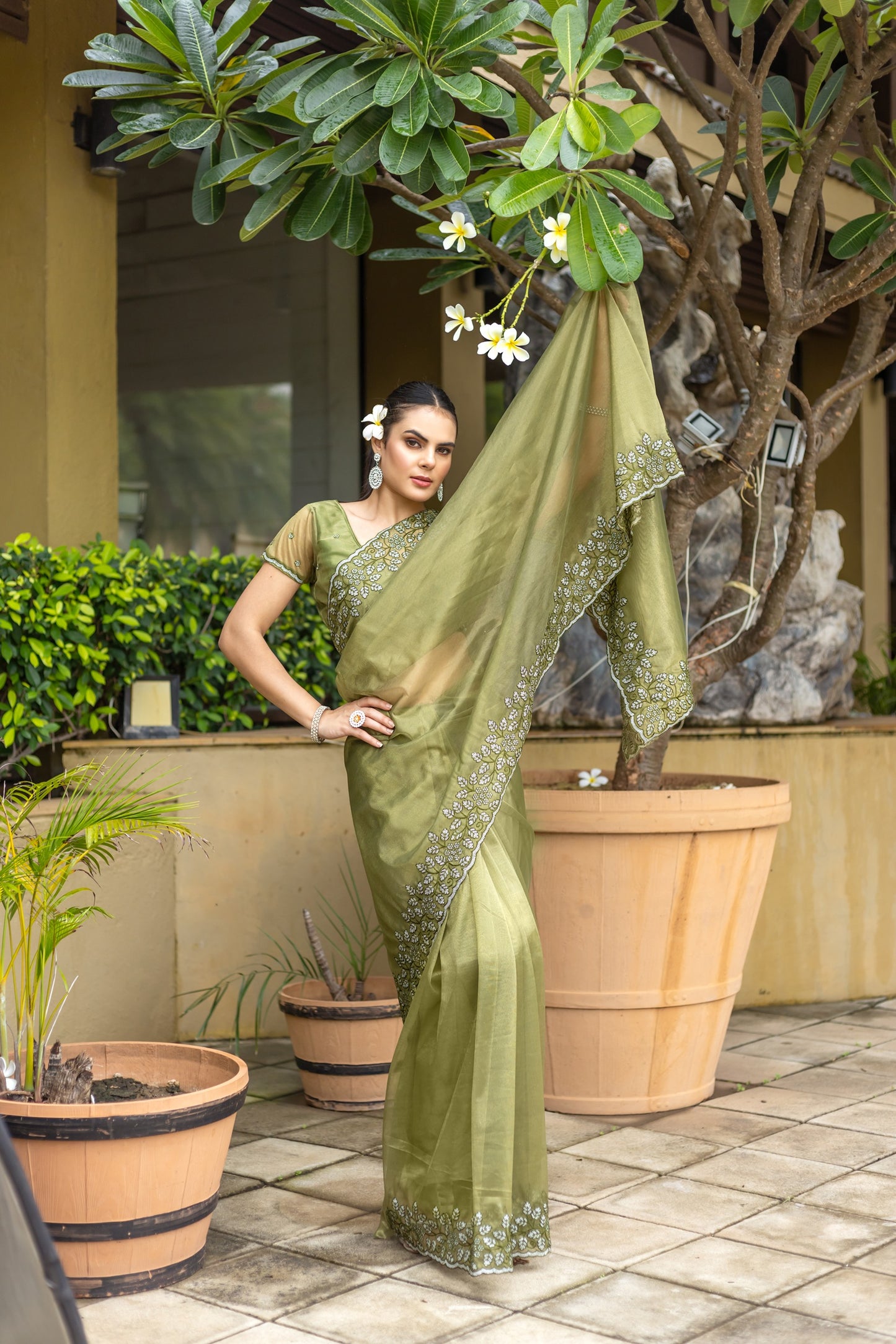 Mehendi Green Gold-Infused Twill Saree with Grand Patta Floral Embroidery