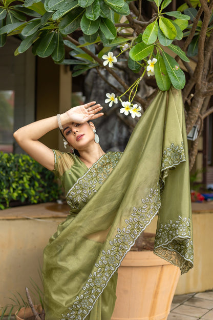 Mehendi Green Gold-Infused Twill Saree with Grand Patta Floral Embroidery