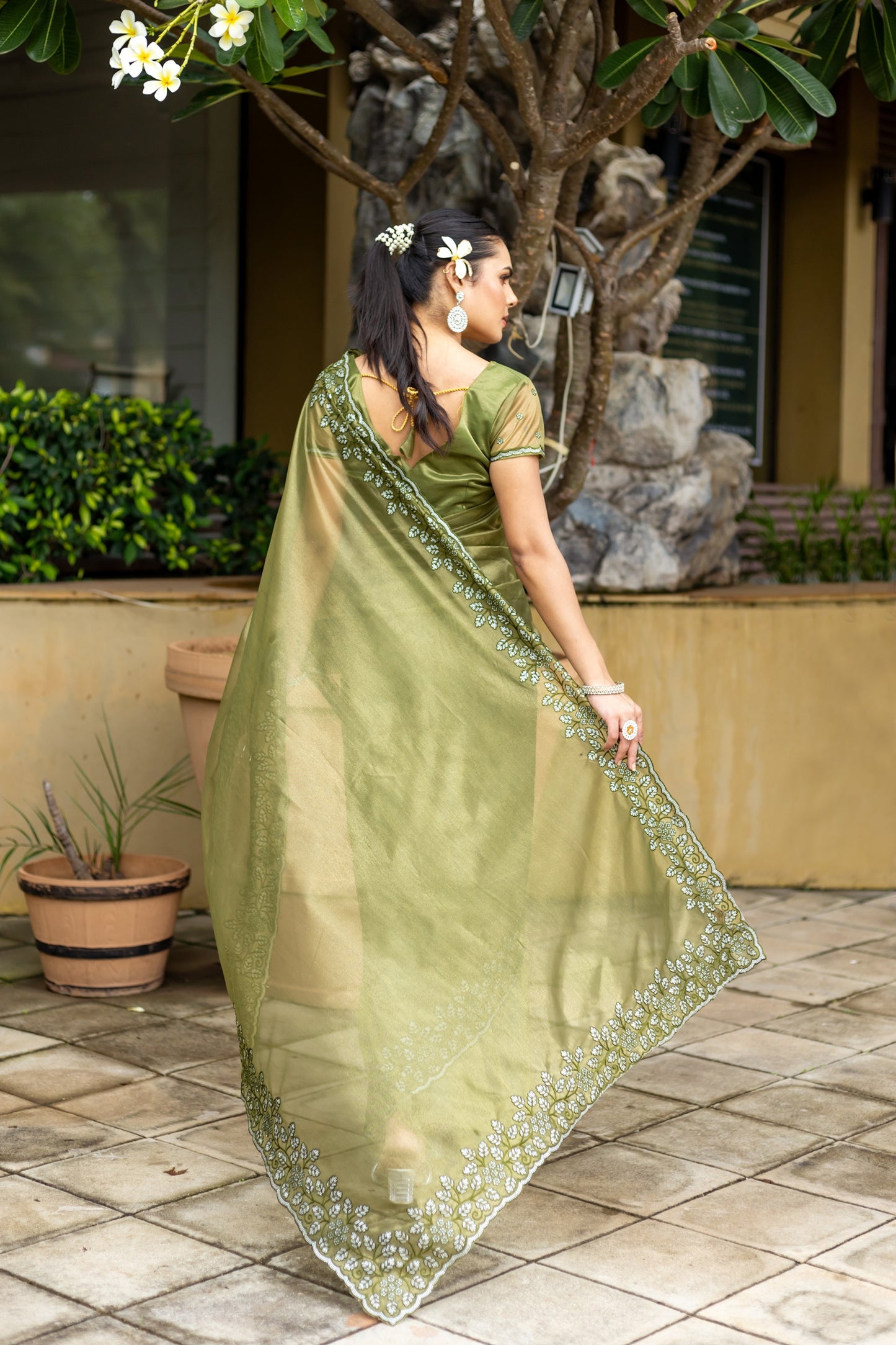 Mehendi Green Gold-Infused Twill Saree with Grand Patta Floral Embroidery