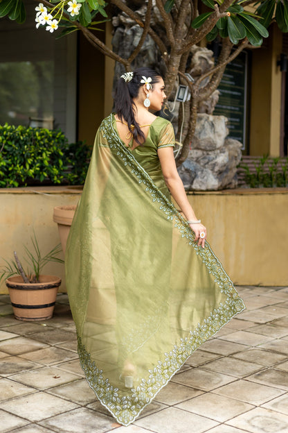 Mehendi Green Gold-Infused Twill Saree with Grand Patta Floral Embroidery