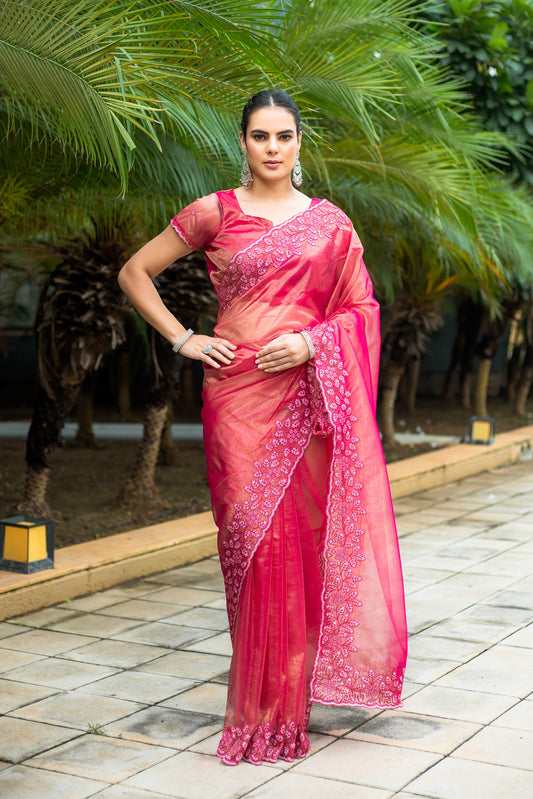 Hot Pink Gold-Infused Twill Saree with Grand Patta Floral Embroidery