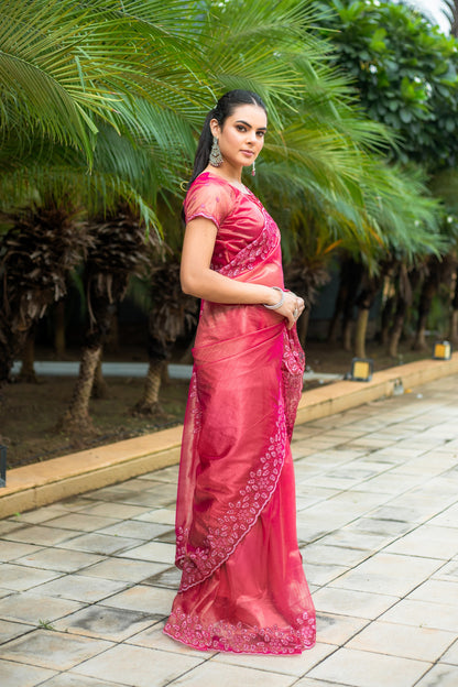 Hot Pink Gold-Infused Twill Saree with Grand Patta Floral Embroidery