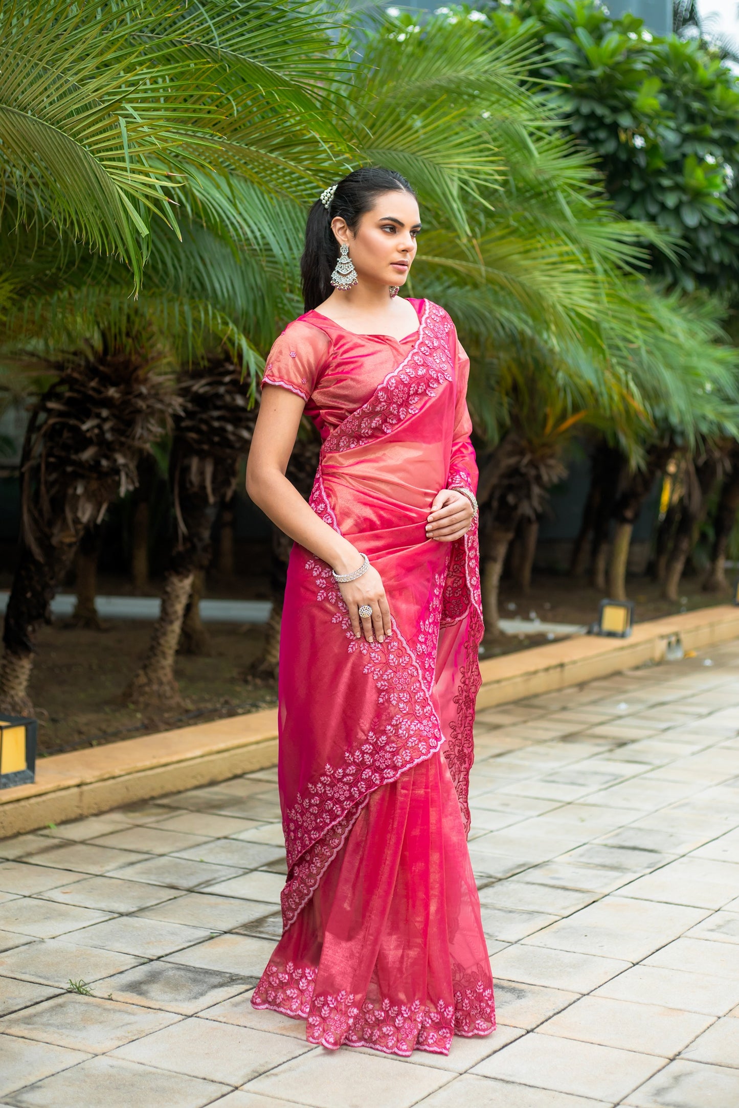 Hot Pink Gold-Infused Twill Saree with Grand Patta Floral Embroidery