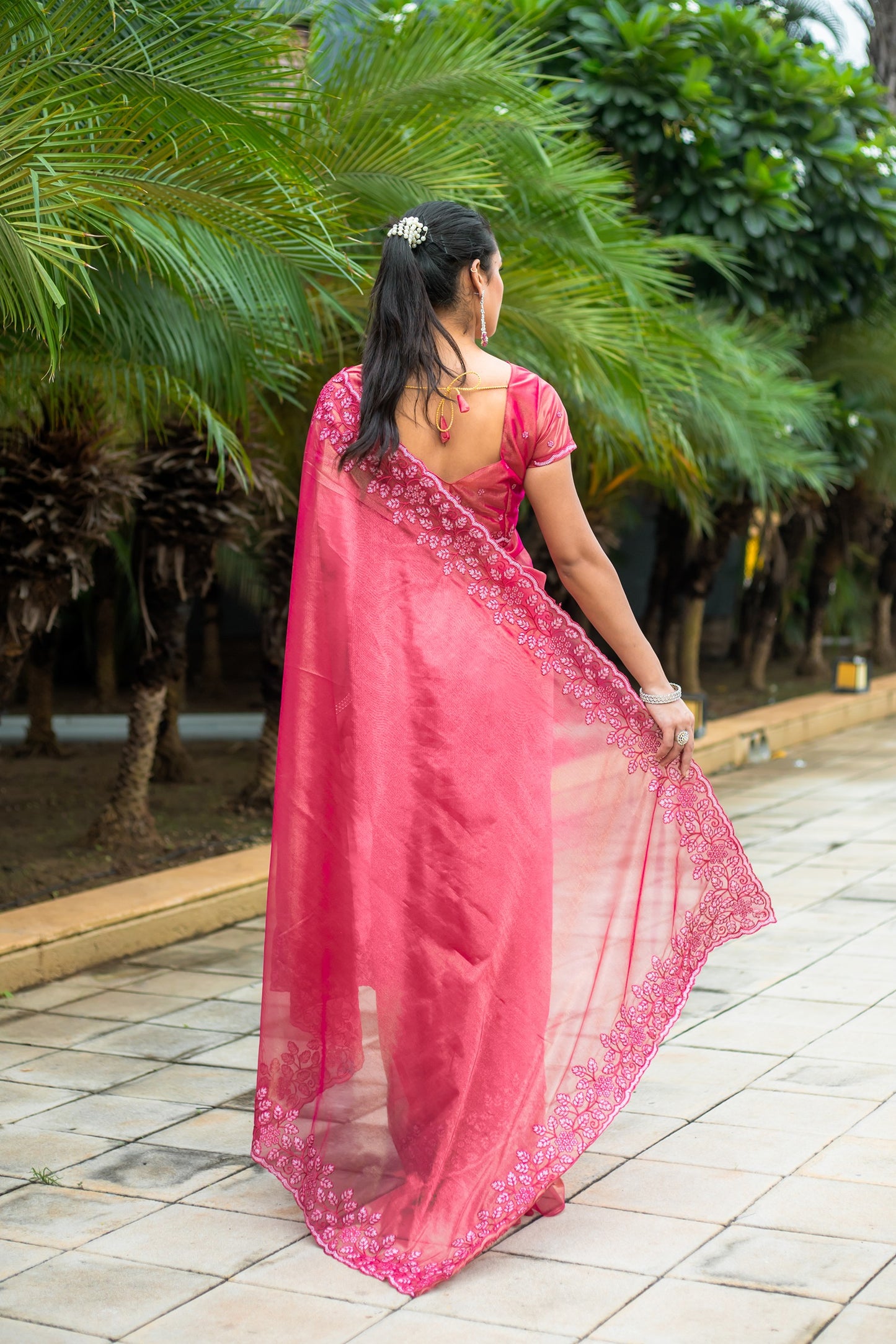 Hot Pink Gold-Infused Twill Saree with Grand Patta Floral Embroidery