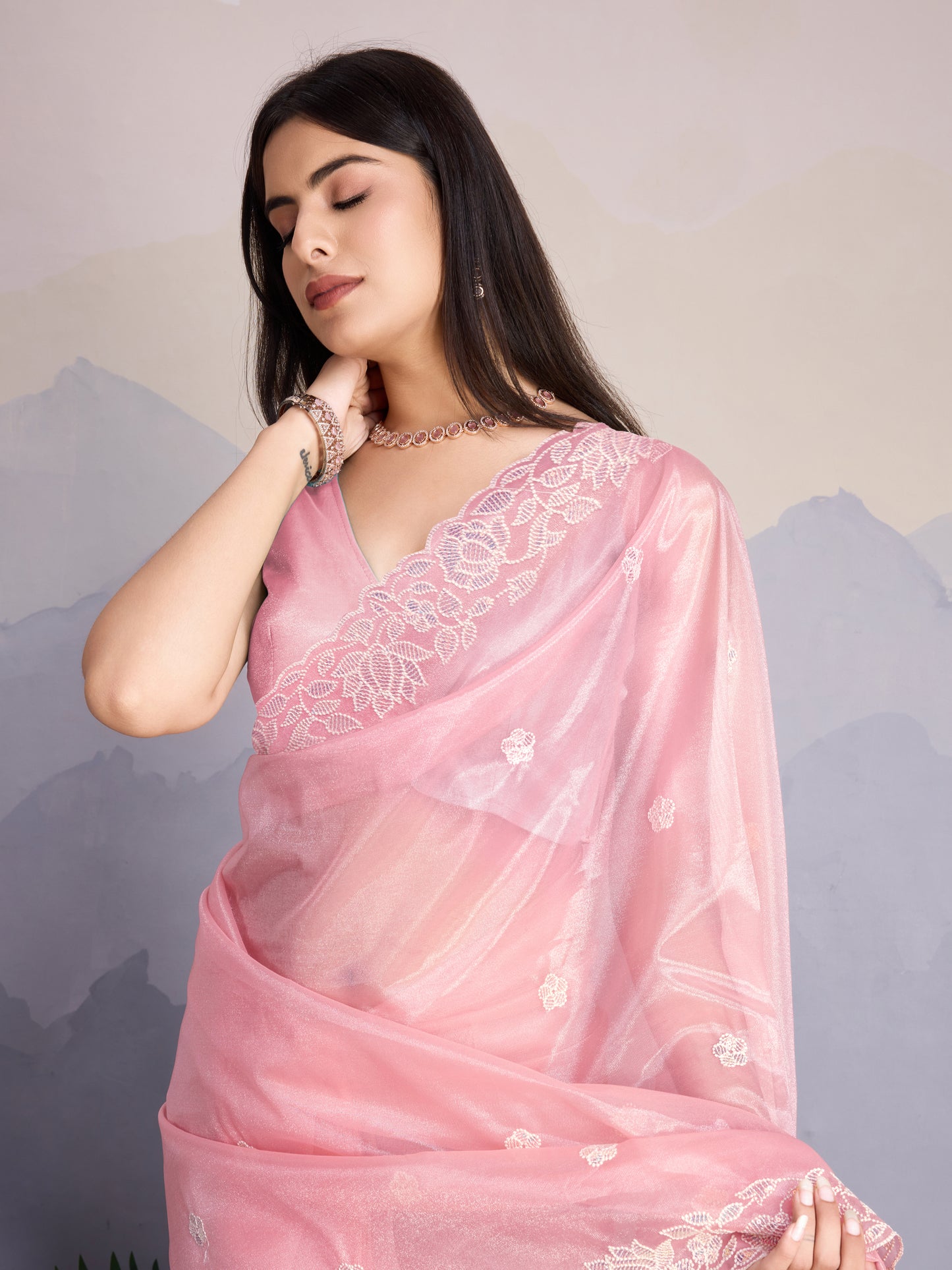 Elegant Pastel Pink Gold-Infused trending Saree