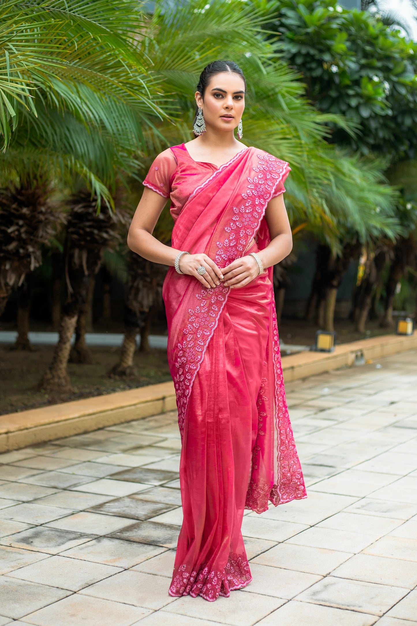 Hot Pink Gold-Infused Twill Saree with Grand Patta Floral Embroidery