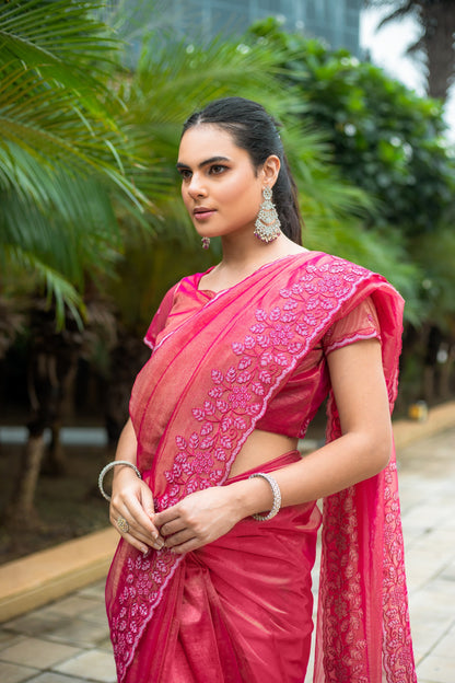 Hot Pink Gold-Infused Twill Saree with Grand Patta Floral Embroidery