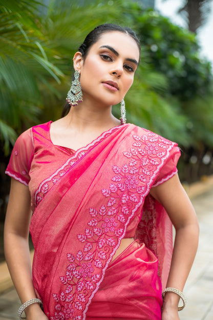 Hot Pink Gold-Infused Twill Saree with Grand Patta Floral Embroidery