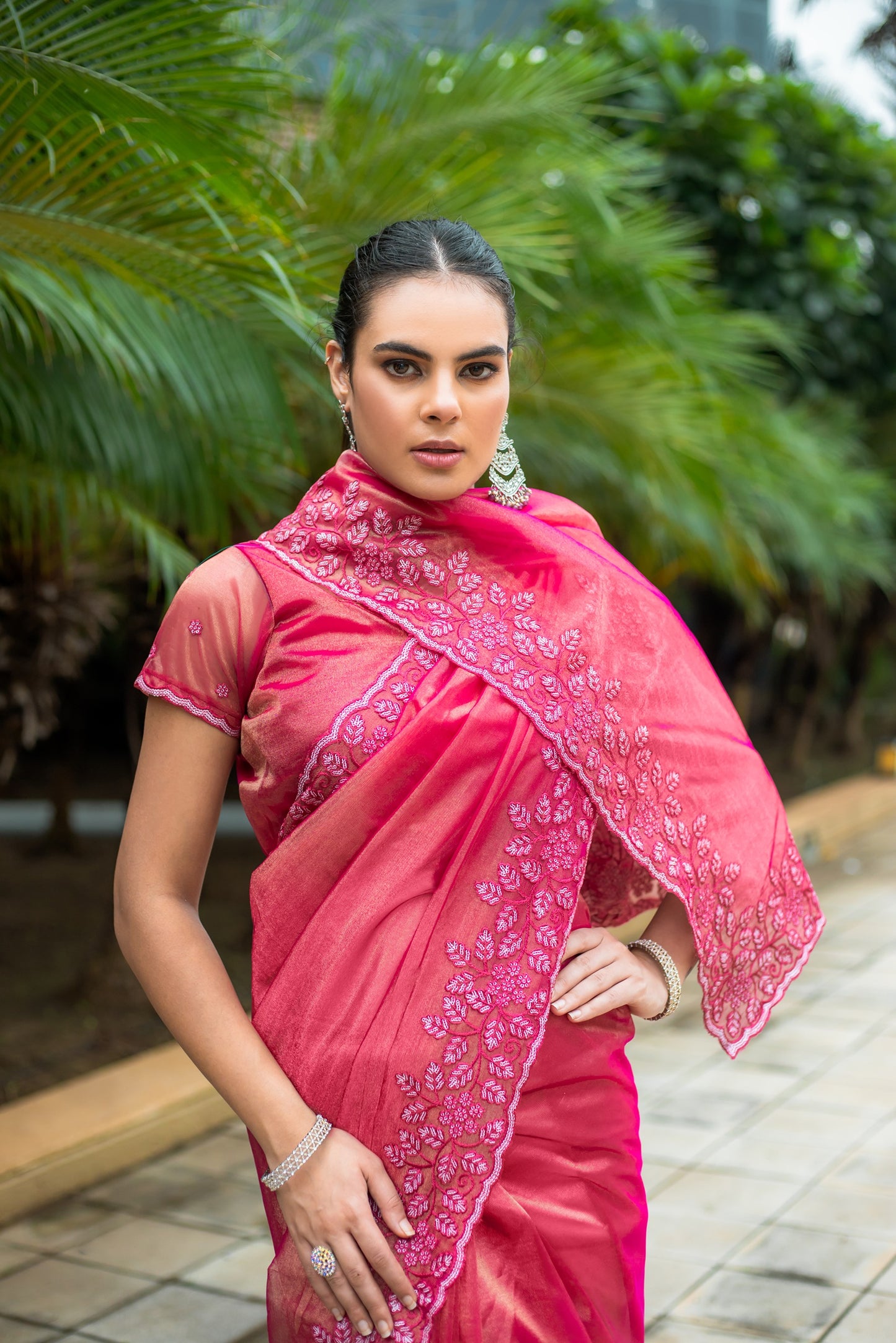 Hot Pink Gold-Infused Twill Saree with Grand Patta Floral Embroidery