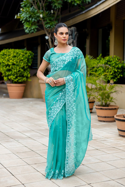 Green Gold-Infused Twill Saree with Grand Patta Floral Embroidery