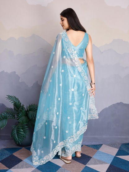 Elegant Gold-Infused trending Blue pastel Banarasi Saree