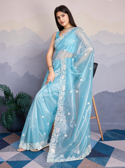 Elegant Gold-Infused trending Blue pastel Banarasi Saree