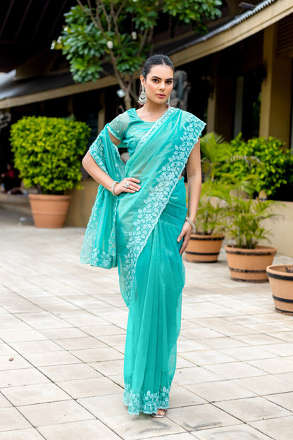 Green Gold-Infused Twill Saree with Grand Patta Floral Embroidery