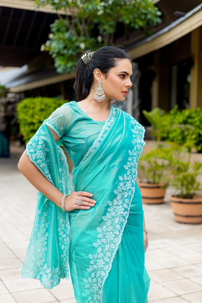 Green Gold-Infused Twill Saree with Grand Patta Floral Embroidery