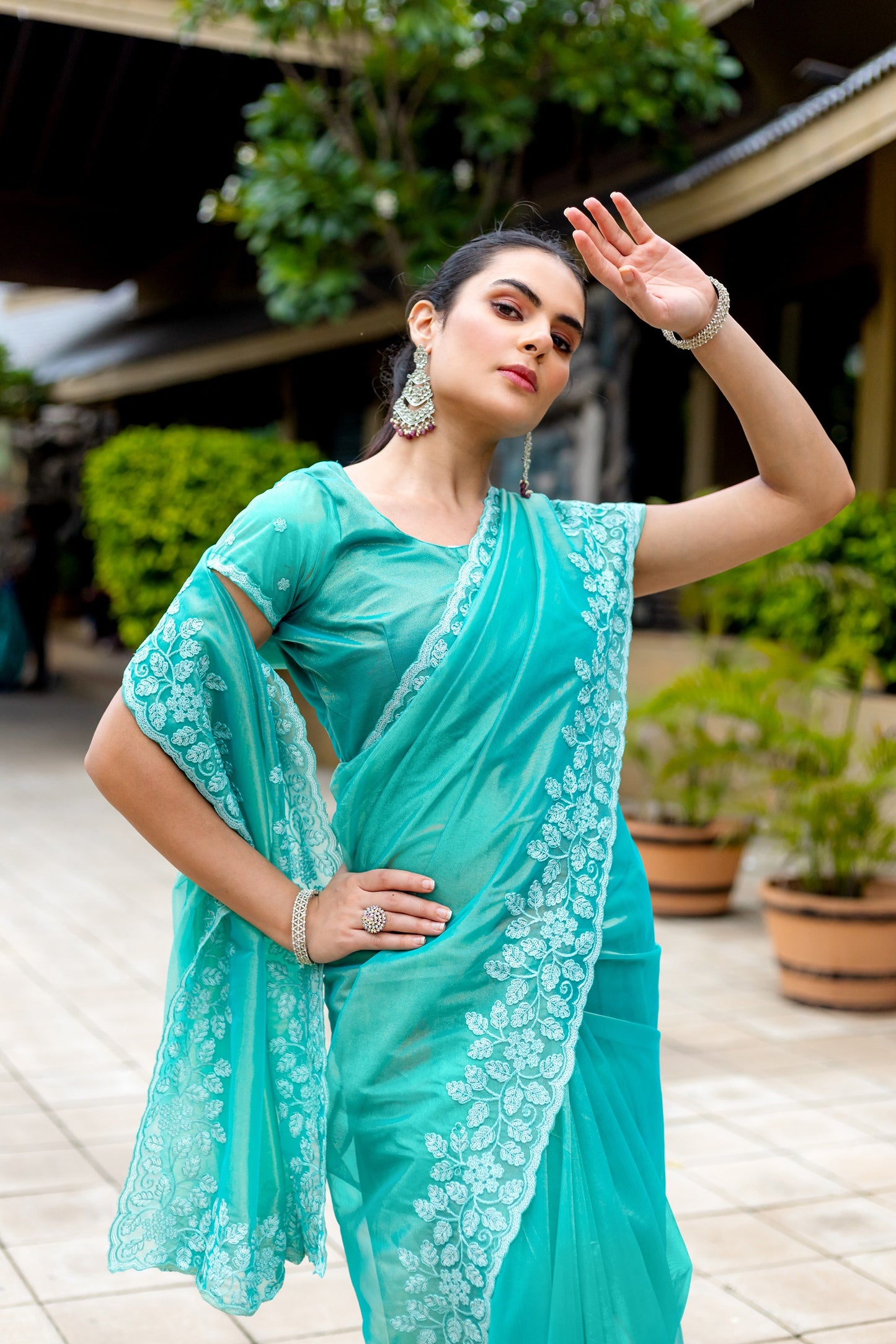 Green Gold-Infused Twill Saree with Grand Patta Floral Embroidery