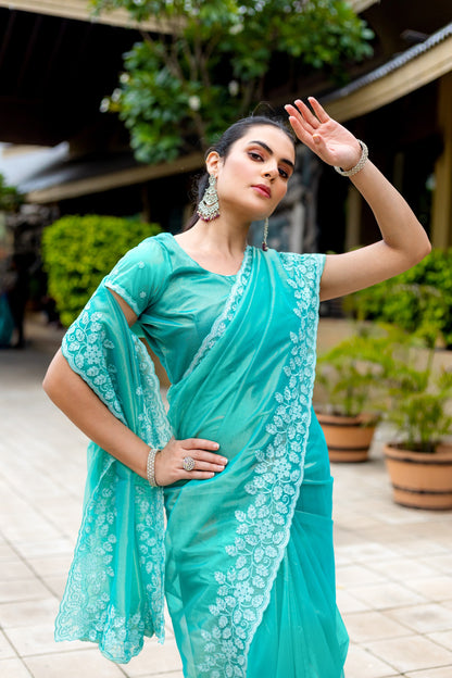 Green Gold-Infused Twill Saree with Grand Patta Floral Embroidery