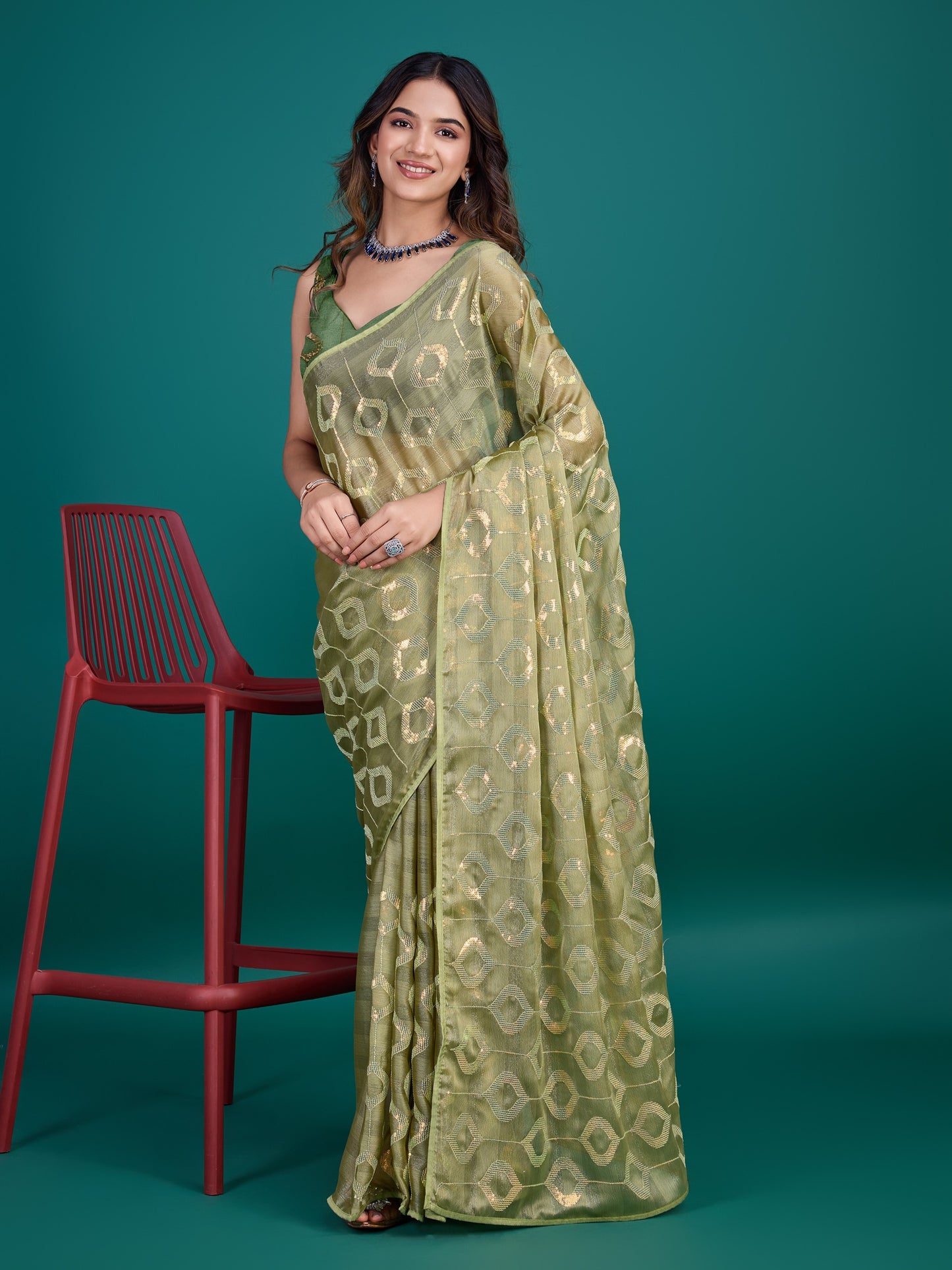 Henna Green Self-Pattern Embroidered Saree