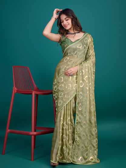 Henna Green Self-Pattern Embroidered Saree