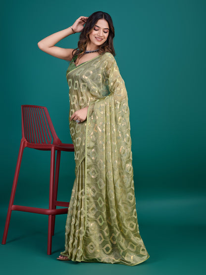 Henna Green Self-Pattern Embroidered Saree